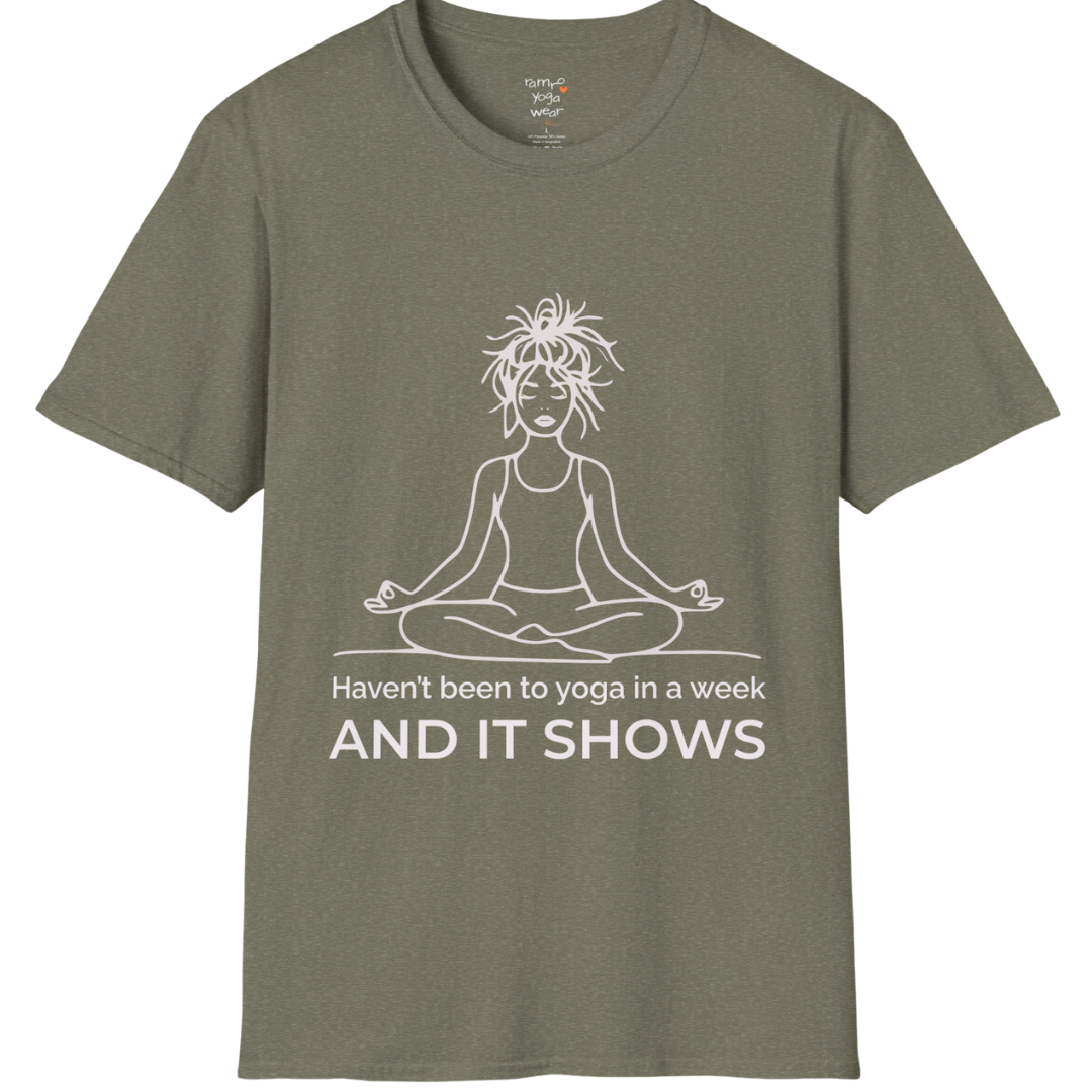 Illustrated meditating figure with “haven’t been to yoga in a week, and it shows” design — The Vault collection by Ramro Yoga Wear — Heather Military Green