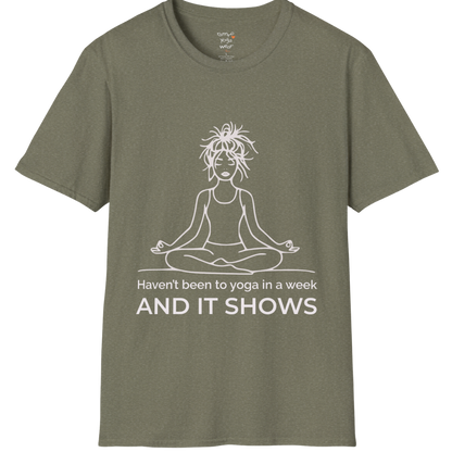 Illustrated meditating figure with “haven’t been to yoga in a week, and it shows” design — The Vault collection by Ramro Yoga Wear — Heather Military Green