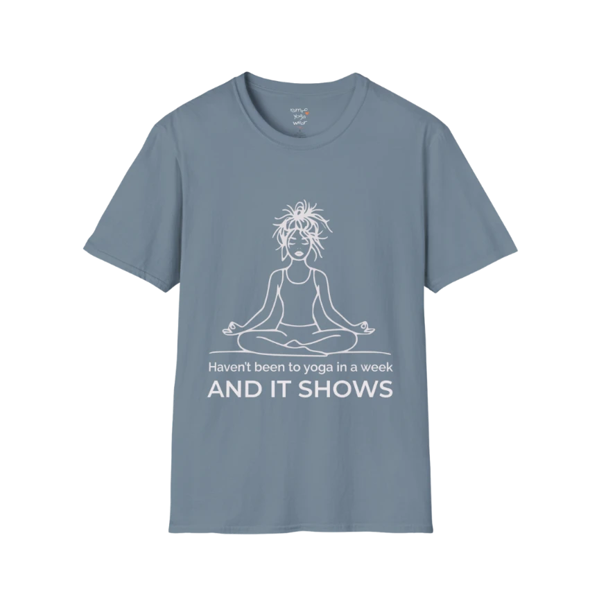 It Shows T-Shirt in stone blue with clean text design, soft and balanced mindful yoga tee.