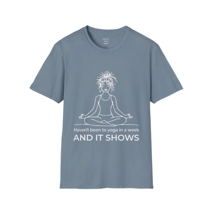 It Shows T-Shirt in stone blue with clean text design, soft and balanced mindful yoga tee.