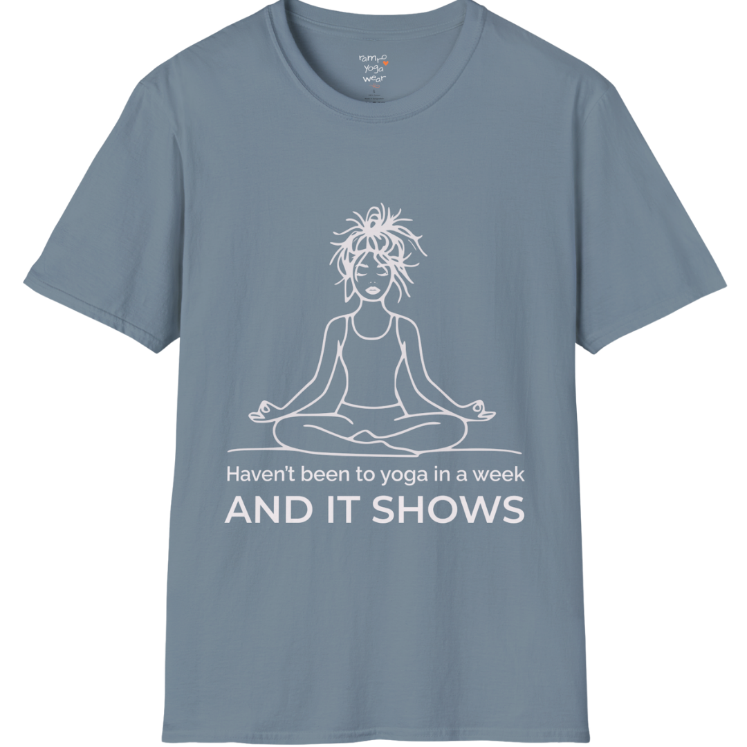 Illustrated meditating figure with “haven’t been to yoga in a week, and it shows” design — The Vault collection by Ramro Yoga Wear — Stone Blue
