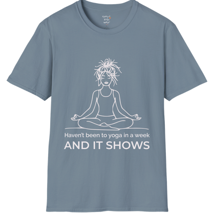 Illustrated meditating figure with “haven’t been to yoga in a week, and it shows” design — The Vault collection by Ramro Yoga Wear — Stone Blue