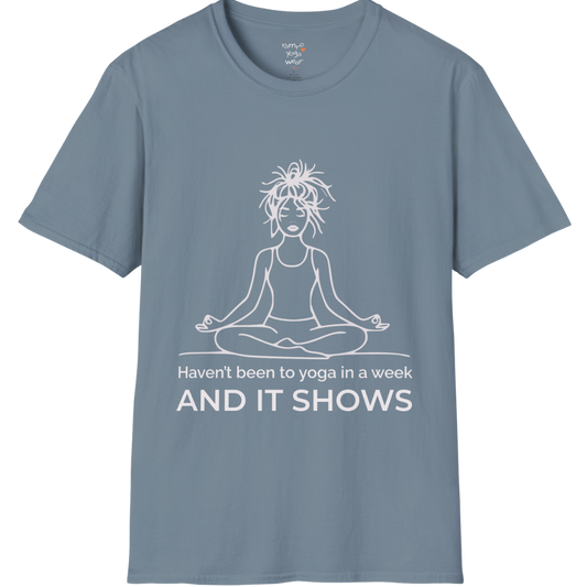 Illustrated meditating figure with “haven’t been to yoga in a week, and it shows” design — The Vault collection by Ramro Yoga Wear — Stone Blue
