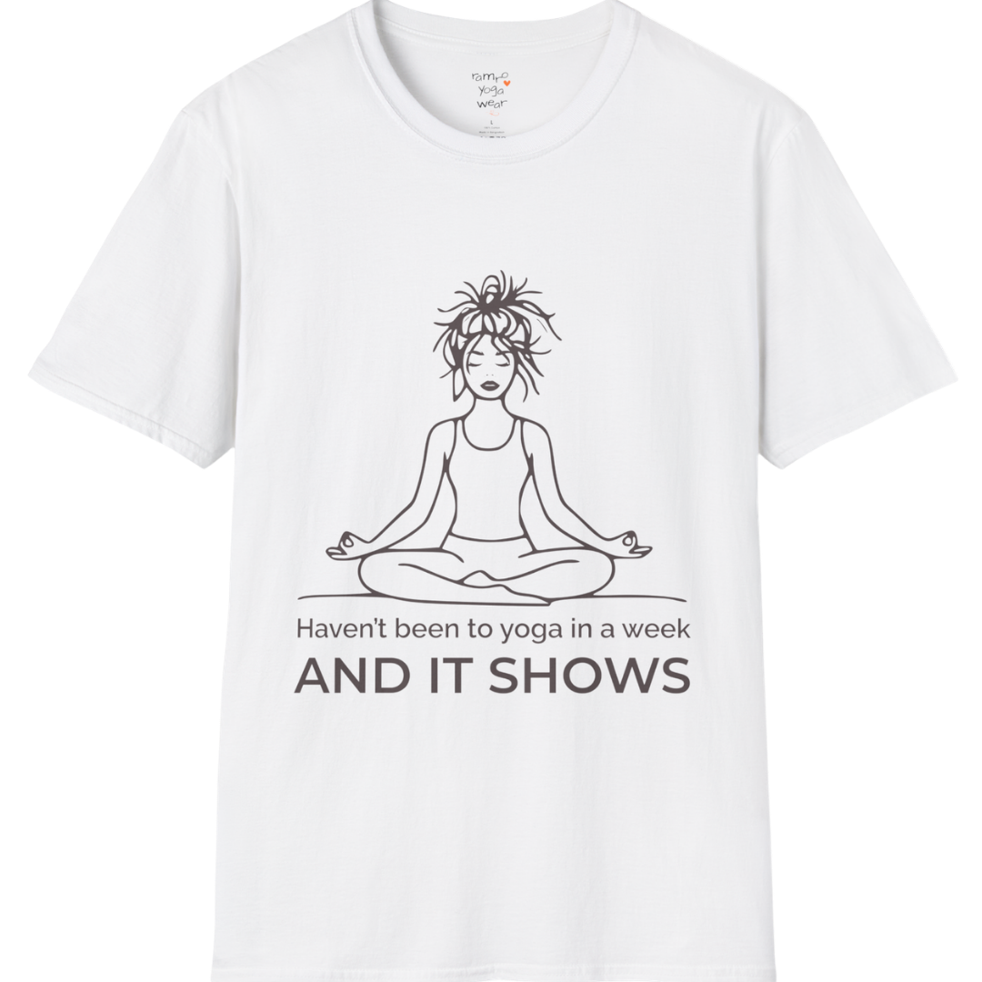 Illustrated meditating figure with “haven’t been to yoga in a week, and it shows” design — The Vault collection by Ramro Yoga Wear — White