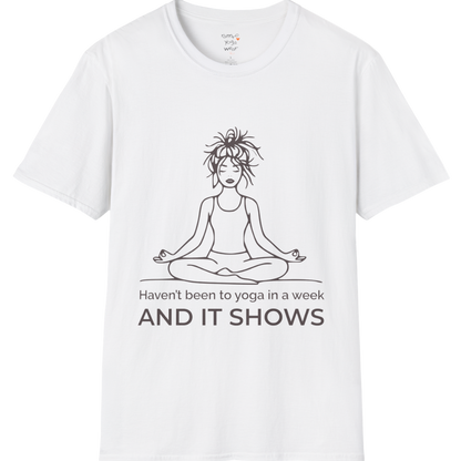 Illustrated meditating figure with “haven’t been to yoga in a week, and it shows” design — The Vault collection by Ramro Yoga Wear — White