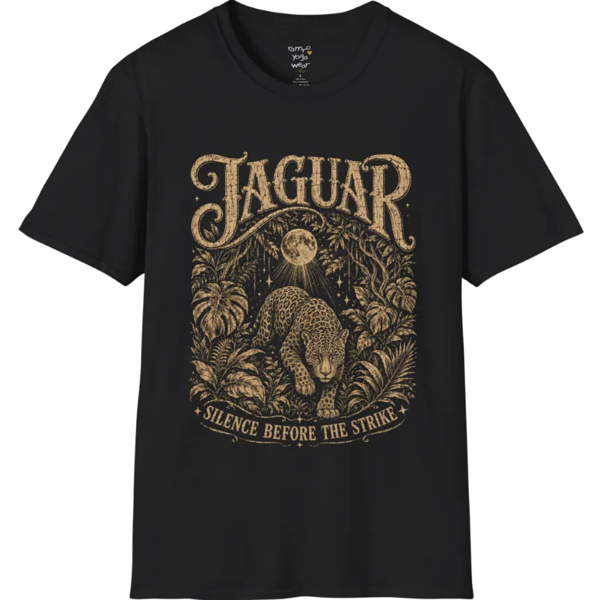 A grunge short sleeved tee with an illustrated jaguar resting in tropical foliage, crescent moon above, text reading "Jaguar" and "Silence Before The Strike" — Wild Animals collection by Ramro Yoga Wear in Black.