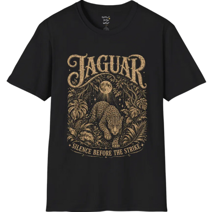 A grunge short sleeved tee with an illustrated jaguar resting in tropical foliage, crescent moon above, text reading "Jaguar" and "Silence Before The Strike" — Wild Animals collection by Ramro Yoga Wear in Black.