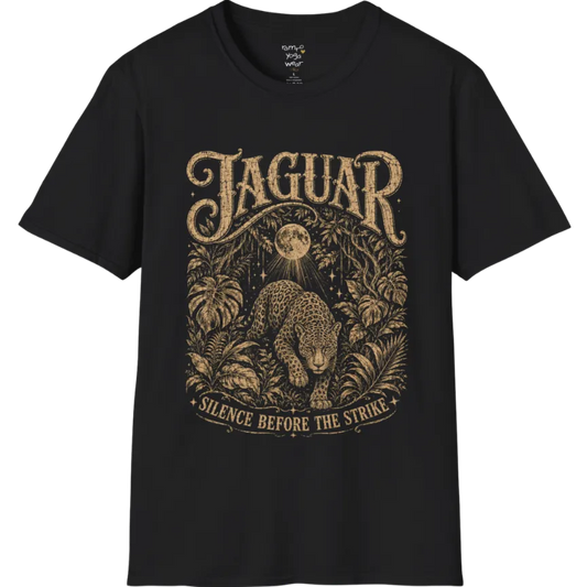 A grunge short sleeved tee with an illustrated jaguar resting in tropical foliage, crescent moon above, text reading "Jaguar" and "Silence Before The Strike" — Wild Animals collection by Ramro Yoga Wear in Black.