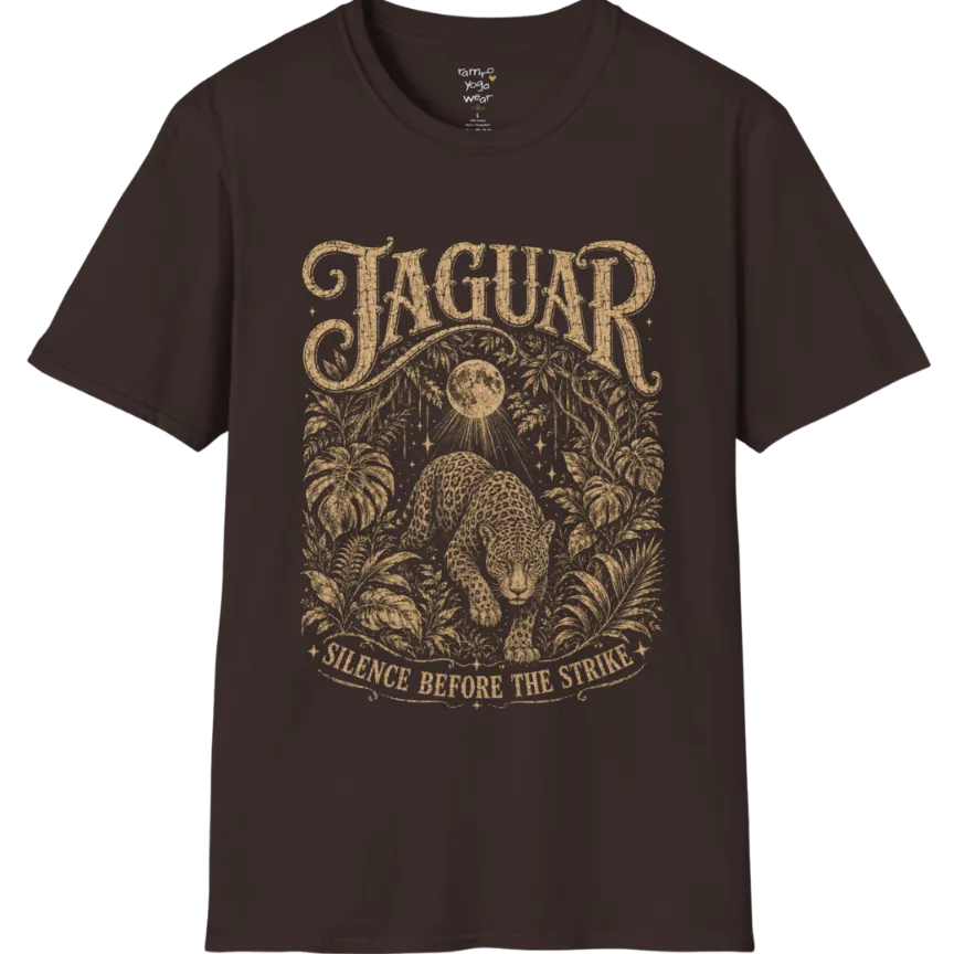 A grunge short sleeved tee with an illustrated jaguar resting in tropical foliage, crescent moon above, text reading "Jaguar" and "Silence Before The Strike" — Wild Animals collection by Ramro Yoga Wear in Dark Chocolate.