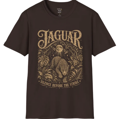 A grunge short sleeved tee with an illustrated jaguar resting in tropical foliage, crescent moon above, text reading "Jaguar" and "Silence Before The Strike" — Wild Animals collection by Ramro Yoga Wear in Dark Chocolate.