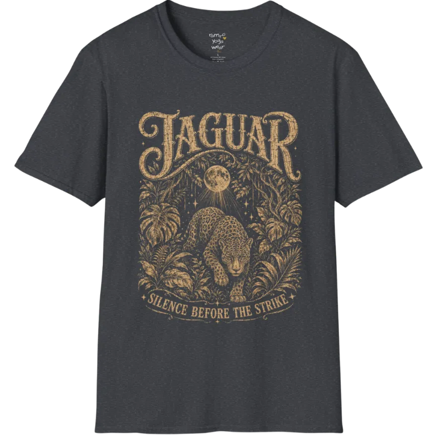 A grunge short sleeved tee with an illustrated jaguar resting in tropical foliage, crescent moon above, text reading "Jaguar" and "Silence Before The Strike" — Wild Animals collection by Ramro Yoga Wear in Dark Heather Grey.