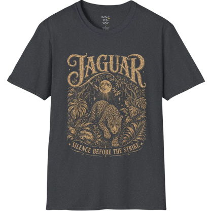 A grunge short sleeved tee with an illustrated jaguar resting in tropical foliage, crescent moon above, text reading "Jaguar" and "Silence Before The Strike" — Wild Animals collection by Ramro Yoga Wear in Dark Heather Grey.
