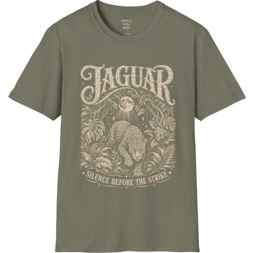 A grunge short sleeved tee with an illustrated jaguar resting in tropical foliage, crescent moon above, text reading "Jaguar" and "Silence Before The Strike" — Wild Animals collection by Ramro Yoga Wear in Heather Military Green.