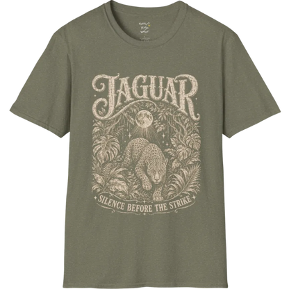 A grunge short sleeved tee with an illustrated jaguar resting in tropical foliage, crescent moon above, text reading "Jaguar" and "Silence Before The Strike" — Wild Animals collection by Ramro Yoga Wear in Heather Military Green.