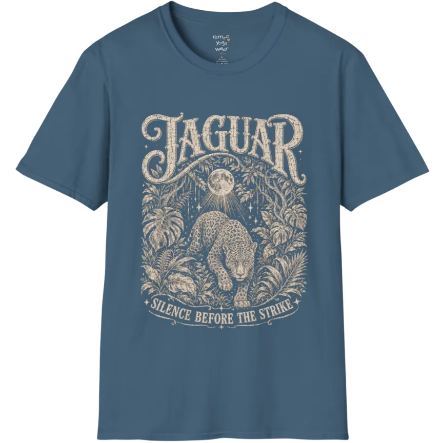 A grunge short sleeved tee with an illustrated jaguar resting in tropical foliage, crescent moon above, text reading "Jaguar" and "Silence Before The Strike" — Wild Animals collection by Ramro Yoga Wear in Indigo Blue.