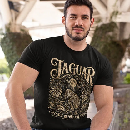 Person wearing the Jaguar T-Shirt in Black, standing outdoors under a covered walkway with greenery — Wild Animals collection by Ramro Yoga Wear.