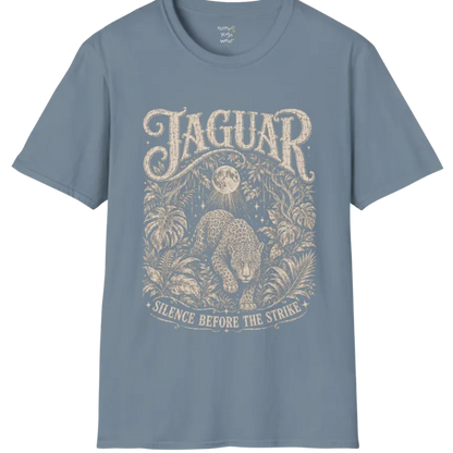 A grunge short sleeved tee with an illustrated jaguar resting in tropical foliage, crescent moon above, text reading "Jaguar" and "Silence Before The Strike" — Wild Animals collection by Ramro Yoga Wear in Stone Blue