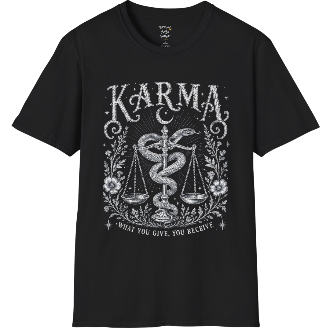 Karma dark sacred yoga shirt in black — snake and scales engraving design — Sacred Thread collection by Ramro Yoga Wear