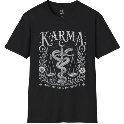 Karma dark sacred yoga shirt in black — snake and scales engraving design — Sacred Thread collection by Ramro Yoga Wear