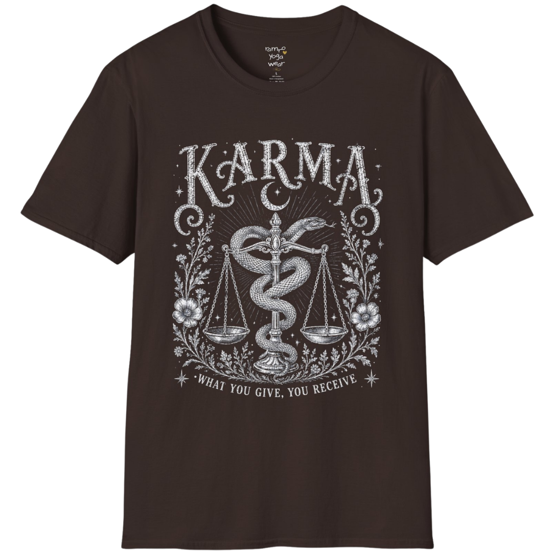 Karma dark sacred yoga shirt in dark chocolate — snake and scales engraving design — Sacred Thread collection by Ramro Yoga Wear