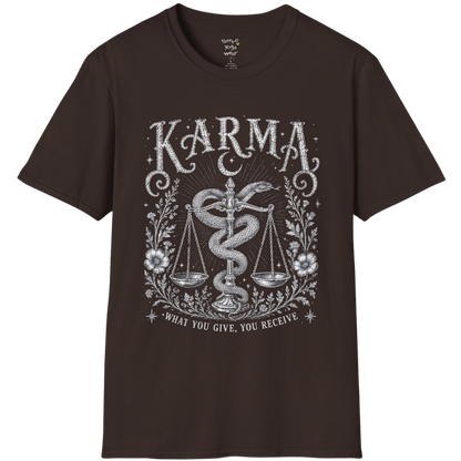Karma dark sacred yoga shirt in dark chocolate — snake and scales engraving design — Sacred Thread collection by Ramro Yoga Wear