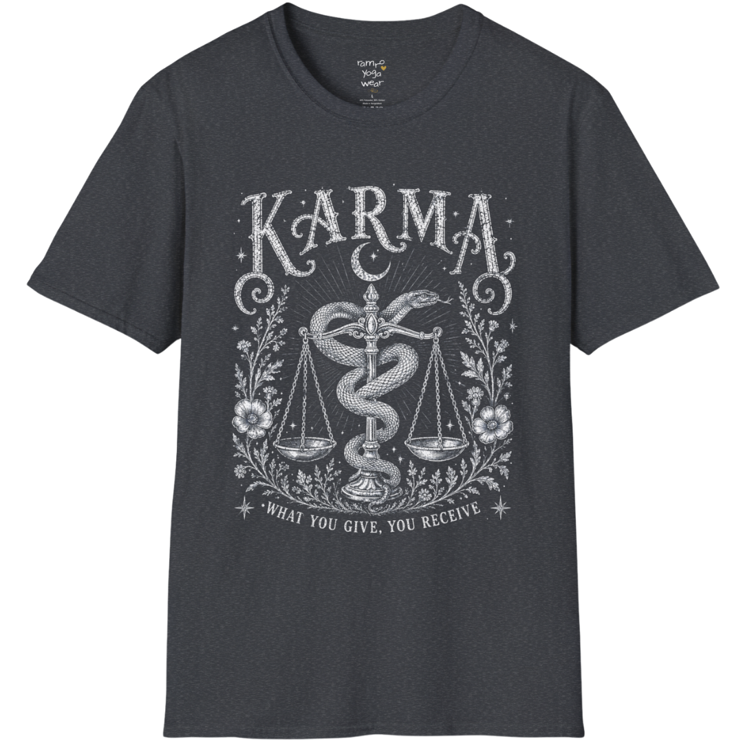 Karma dark sacred yoga shirt in dark heather grey — snake and scales engraving design — Sacred Thread collection by Ramro Yoga Wear