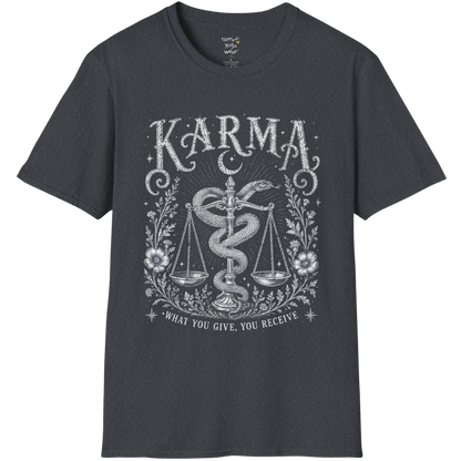 Karma dark sacred yoga shirt in dark heather grey — snake and scales engraving design — Sacred Thread collection by Ramro Yoga Wear
