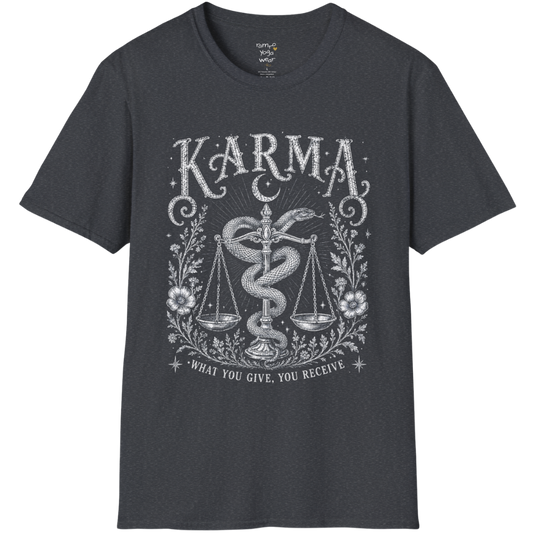 Karma dark sacred yoga shirt in dark heather grey — snake and scales engraving design — Sacred Thread collection by Ramro Yoga Wear