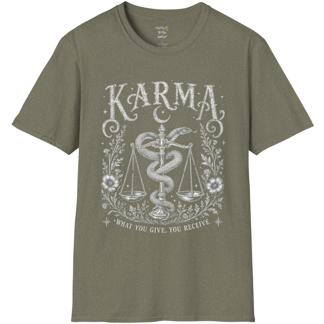 Karma dark sacred yoga shirt in heather military green — snake and scales engraving design — Sacred Thread collection by Ramro Yoga Wear