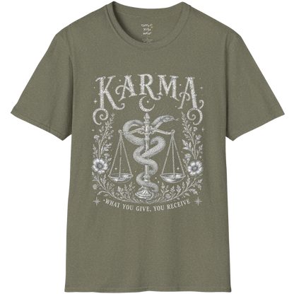 Karma dark sacred yoga shirt in heather military green — snake and scales engraving design — Sacred Thread collection by Ramro Yoga Wear