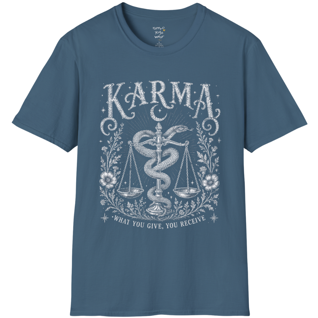 Karma dark sacred yoga shirt in indigo blue — snake and scales engraving design — Sacred Thread collection by Ramro Yoga Wear