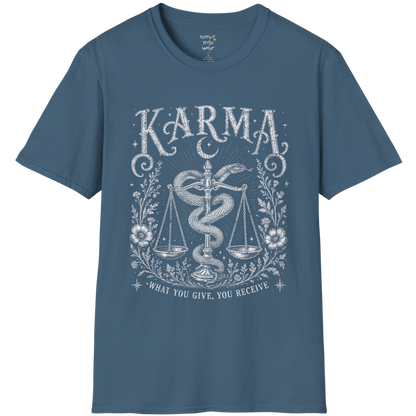 Karma dark sacred yoga shirt in indigo blue — snake and scales engraving design — Sacred Thread collection by Ramro Yoga Wear