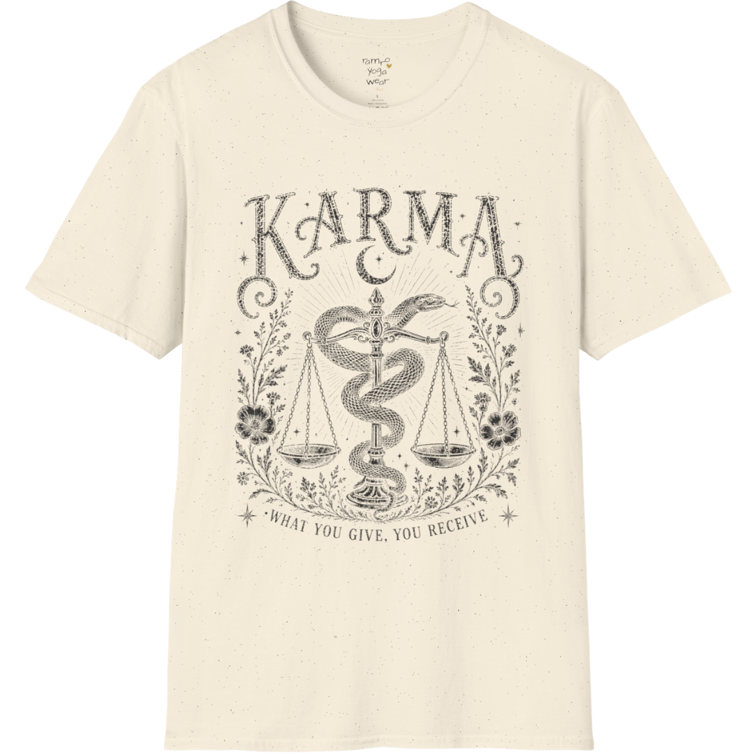 Karma sacred yoga shirt in natural — snake and scales engraving design — Sacred Thread collection by Ramro Yoga Wear