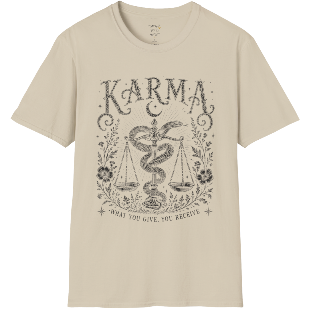 Karma sacred yoga shirt in sand — snake and scales engraving design — Sacred Thread collection by Ramro Yoga Wear