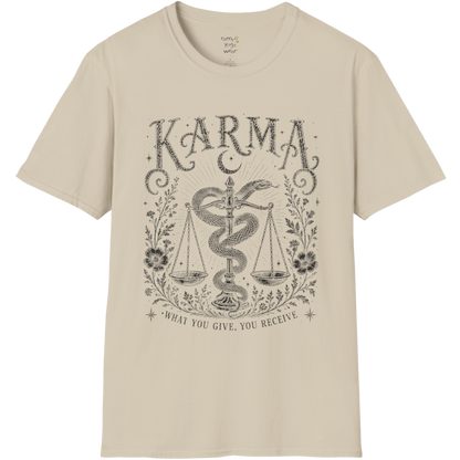Karma sacred yoga shirt in sand — snake and scales engraving design — Sacred Thread collection by Ramro Yoga Wear
