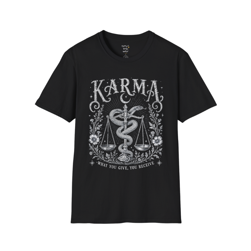 Karma dark sacred yoga shirt in black — snake and scales engraving design — Sacred Thread collection by Ramro Yoga Wear