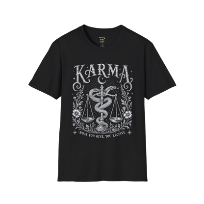 Karma dark sacred yoga shirt in black — snake and scales engraving design — Sacred Thread collection by Ramro Yoga Wear
