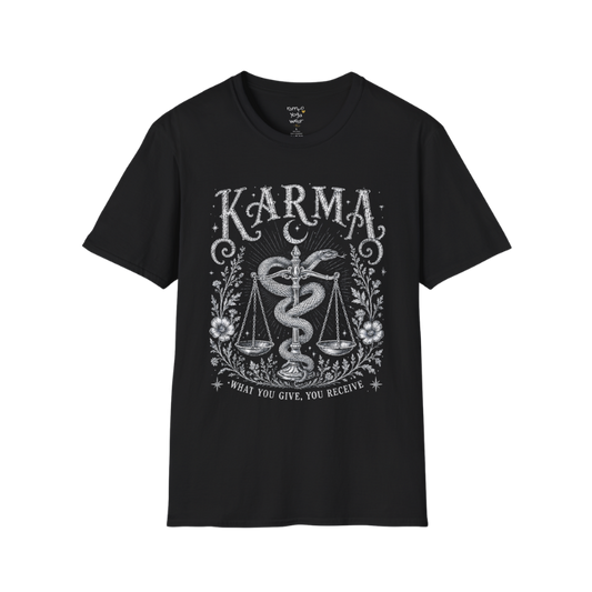Karma dark sacred yoga shirt in black — snake and scales engraving design — Sacred Thread collection by Ramro Yoga Wear