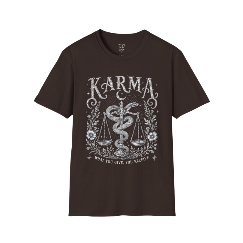 Karma dark sacred yoga shirt in dark chocolate — snake and scales engraving design — Sacred Thread collection by Ramro Yoga Wear
