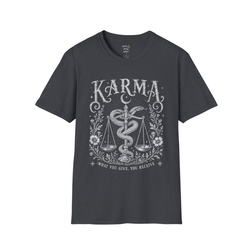 Karma dark sacred yoga shirt in dark heather grey — snake and scales engraving design — Sacred Thread collection by Ramro Yoga Wear