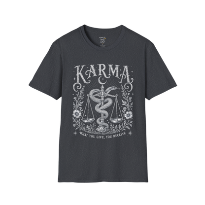 Karma dark sacred yoga shirt in dark heather grey — snake and scales engraving design — Sacred Thread collection by Ramro Yoga Wear