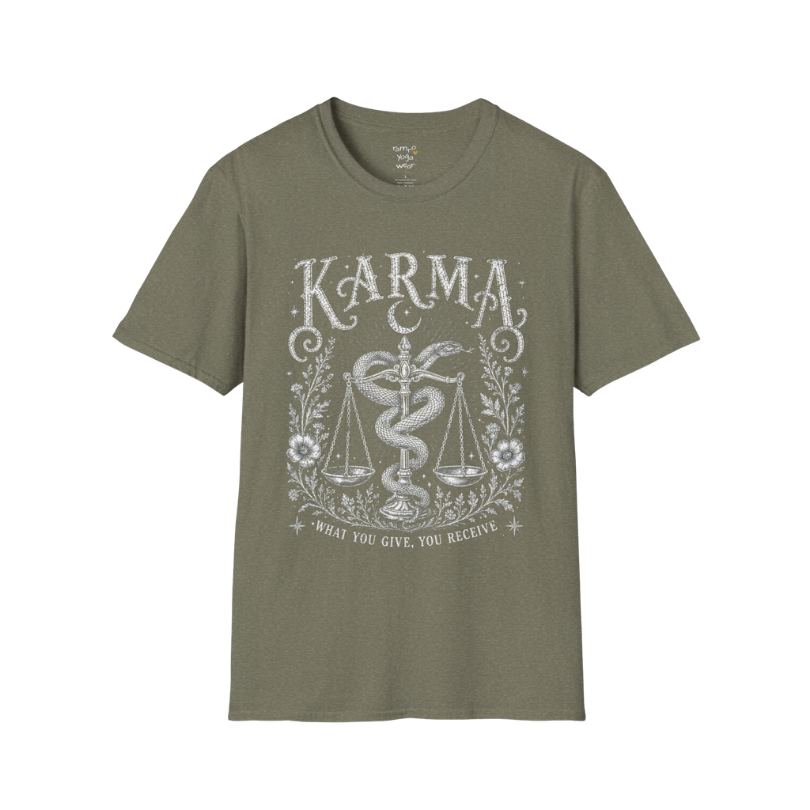 Karma dark sacred yoga shirt in heather military green — snake and scales engraving design — Sacred Thread collection by Ramro Yoga Wear