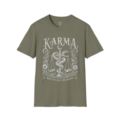 Karma dark sacred yoga shirt in heather military green — snake and scales engraving design — Sacred Thread collection by Ramro Yoga Wear
