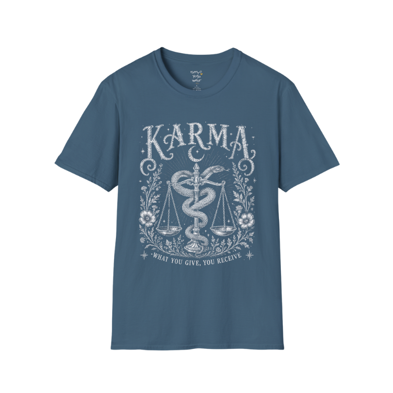 Karma dark sacred yoga shirt in indigo blue — snake and scales engraving design — Sacred Thread collection by Ramro Yoga Wear