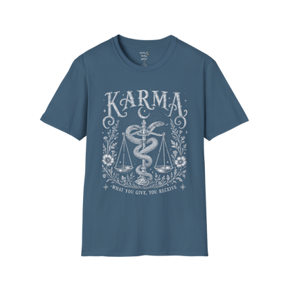 Karma dark sacred yoga shirt in indigo blue — snake and scales engraving design — Sacred Thread collection by Ramro Yoga Wear
