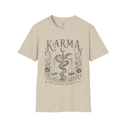Karma sacred yoga shirt in sand — snake and scales engraving design — Sacred Thread collection by Ramro Yoga Wear