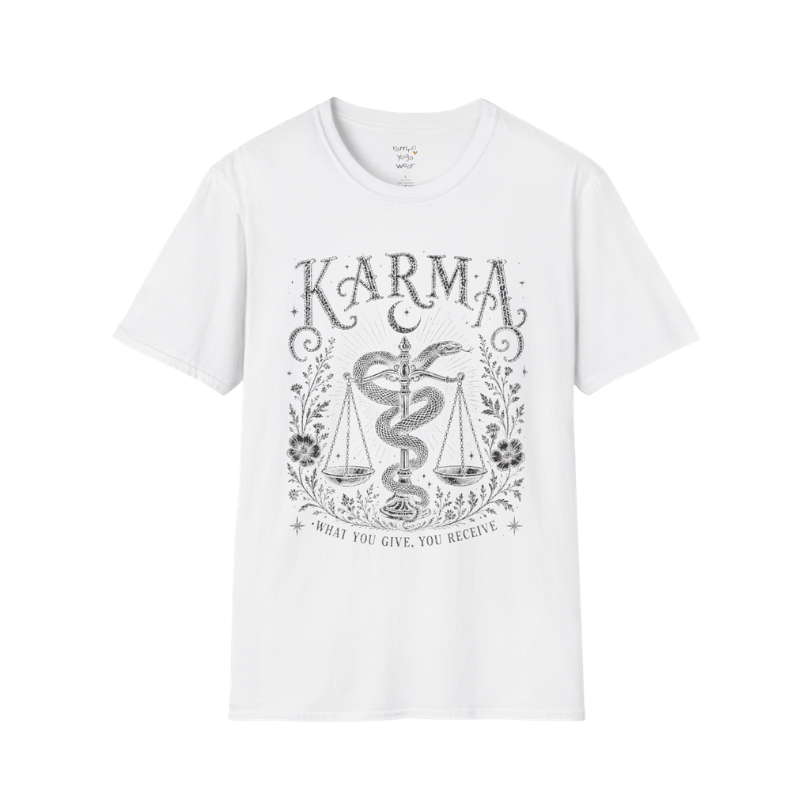 Karma sacred yoga shirt in white — snake and scales engraving design — Sacred Thread collection by Ramro Yoga Wear