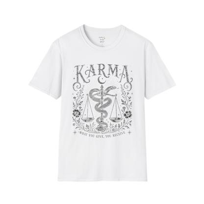 Karma sacred yoga shirt in white — snake and scales engraving design — Sacred Thread collection by Ramro Yoga Wear