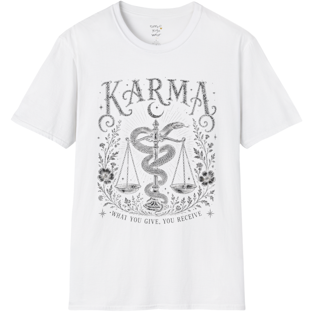 Karma sacred yoga shirt in white — snake and scales engraving design — Sacred Thread collection by Ramro Yoga Wear