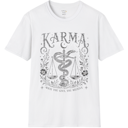 Karma sacred yoga shirt in white — snake and scales engraving design — Sacred Thread collection by Ramro Yoga Wear